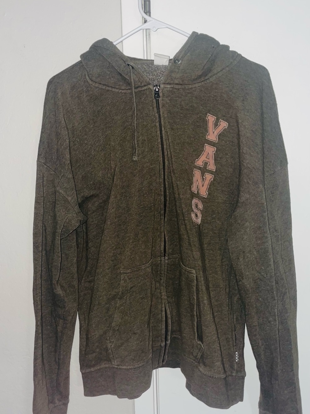 Vans Olive Green Zip-Up Hoodie with Pink Logo